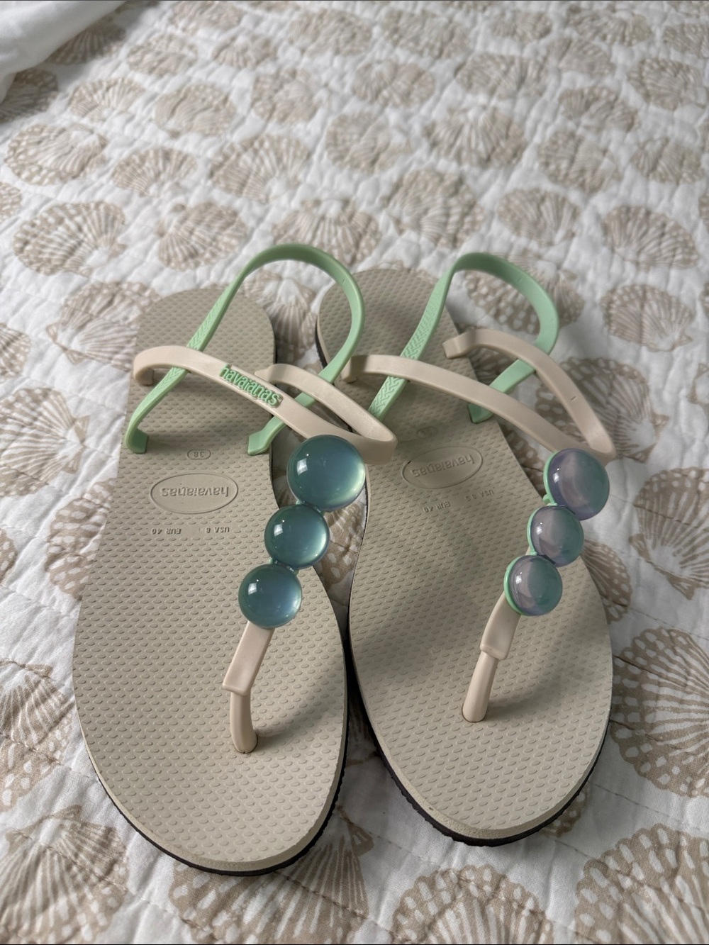 Havaianas Beige Footbed Sandals with Mint Straps and Beaded Accents